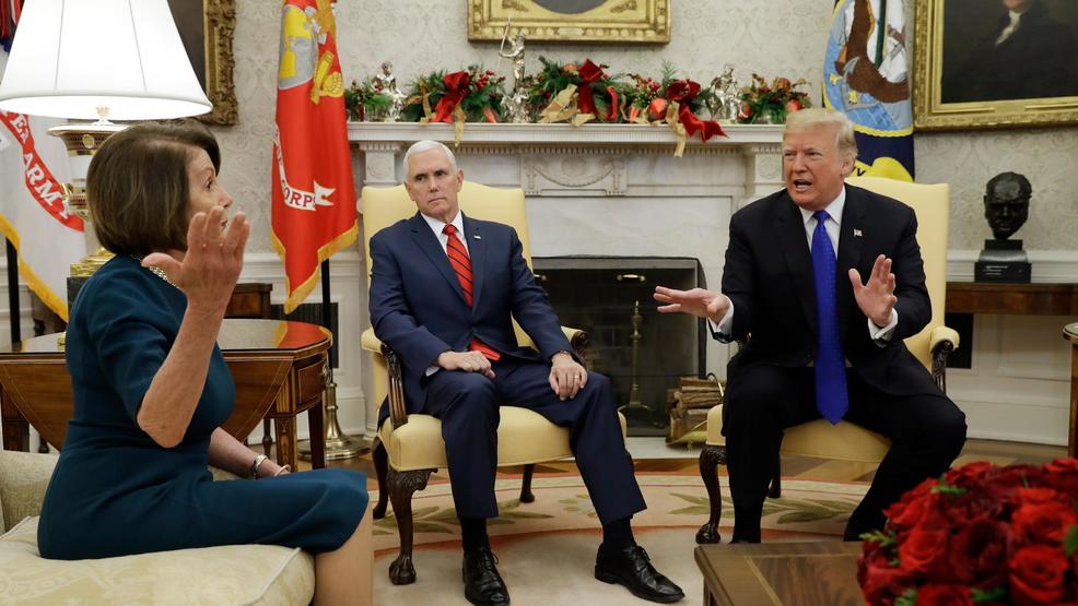 Image result for President Donald Trump speaks next to Vice President Mike Pence (2ndL) while meeting with Senate Democratic Leader Chuck Schumer (D-NY) and House Democratic Leader Nancy Pelosi (D-CA) at the White House.